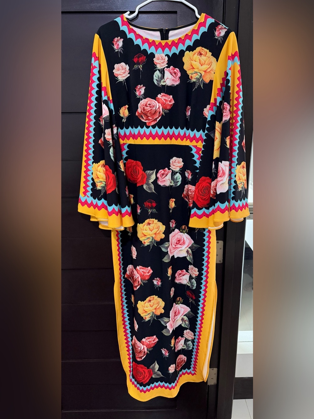 Black Floral Dress with Scalloped Yellow Trim